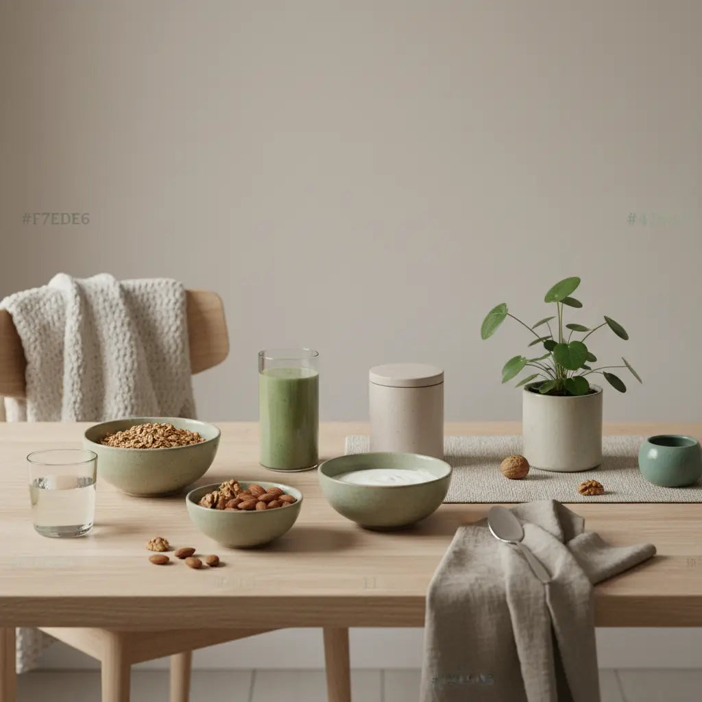 Minimalistisches Frühstück mit Granola, Joghurt, Nüssen und Glas Wasser in europäischer Küche, betont Eier und pflanzliche Ernährung, warme Morgenstimmung, Vegardians-Farbpalette.