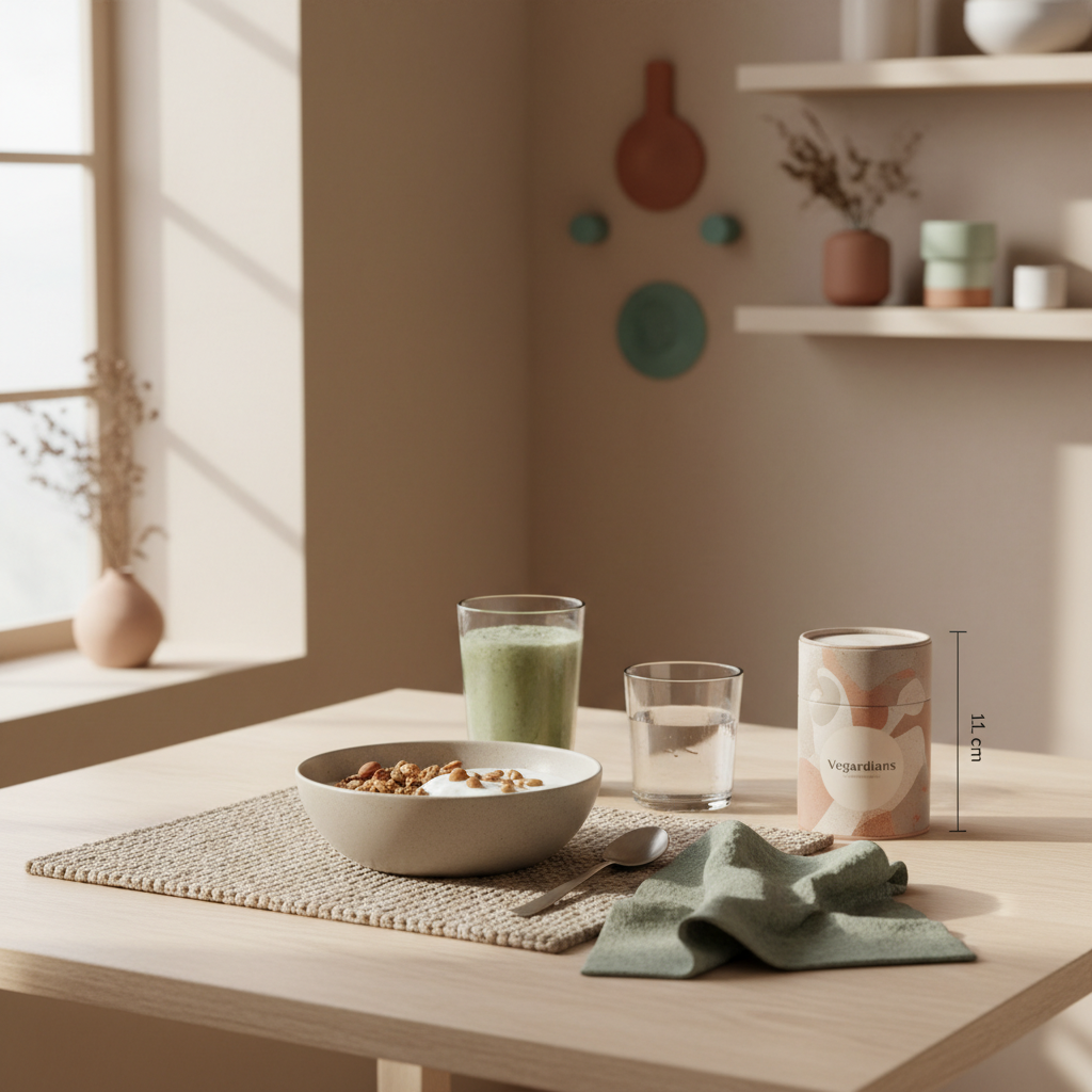 Nachhaltiges Frühstück mit Granola, pflanzlichem Joghurt, Nüssen und Vegardians-Produkt auf Tisch in ruhiger Morgenstimmung – Eisenaufnahme hemmen.