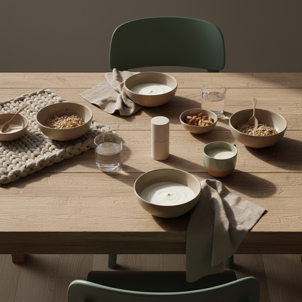 Veganes Frühstück mit Granola, Joghurt, Nüssen, Shake und dem Produkt aus den Referenzfotos auf einem nachhaltigen Tisch im Morgenlicht — Eisenlieferant, minimalistisches Setup.