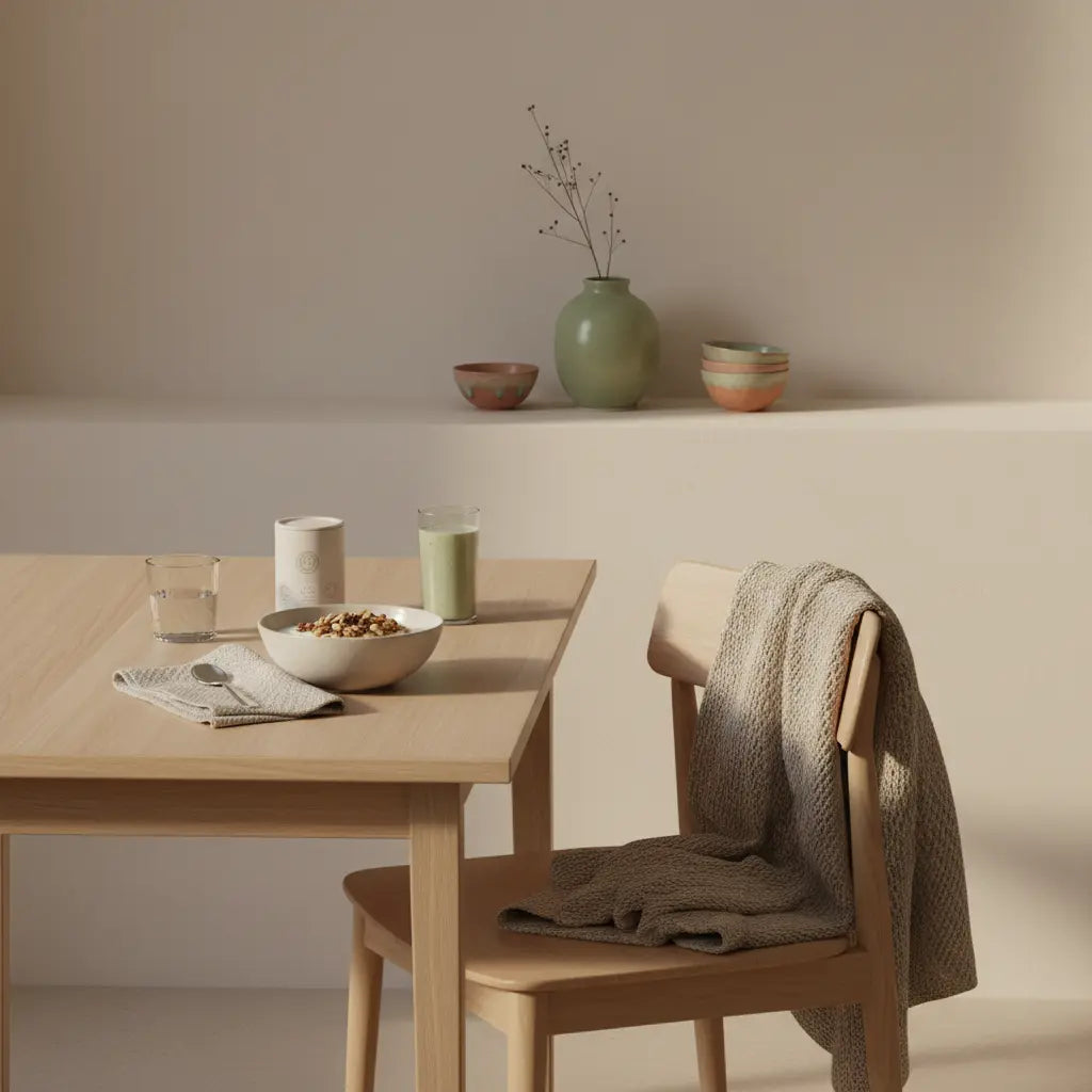 Minimalistischer Frühstückstisch mit Granola, pflanzlichem Joghurt, Nüssen und Shake, Produkt sichtbar auf dem Tisch – Eisenmangel bei Veganern