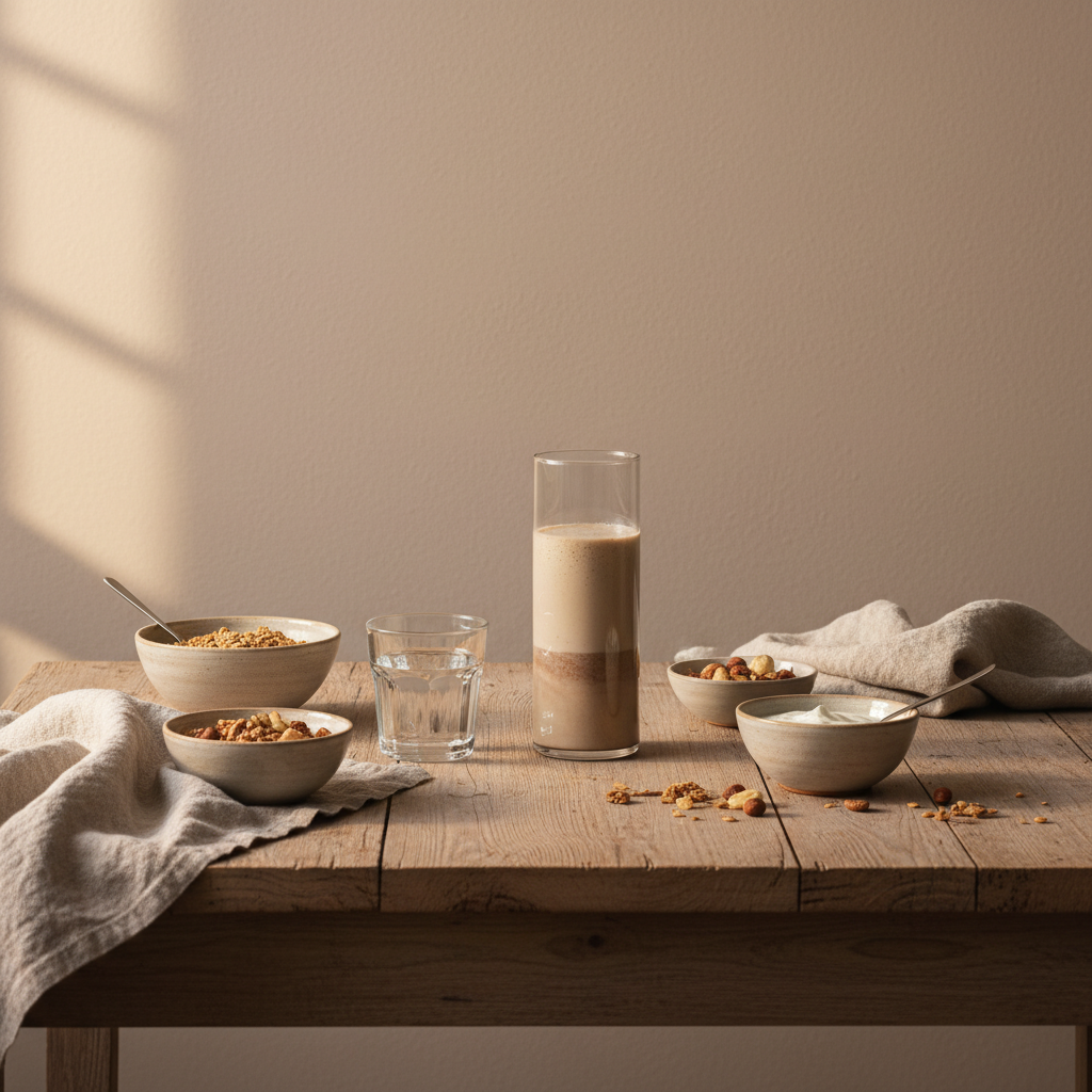 Minimalistisches Frühstück mit Granola, pflanzlichem Joghurt, Nüssen und Shake in europäischer Küche – nachhaltiges Setting für eiweiß ohne milchprodukte.