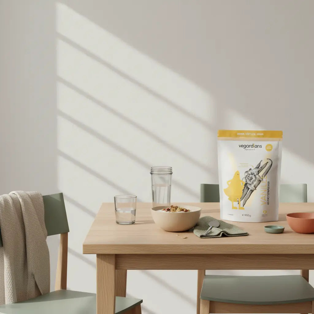 Minimalistische Morgen-Szene mit pflanzlichem Joghurt, Müsli, Nüssen und Proteinshake auf Holztisch – Eiweiß pro Tag zum Abnehmen