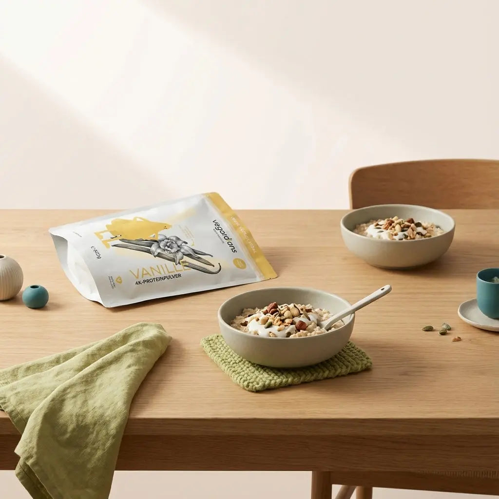 Minimalistisches Frühstück mit Haferbrei, pflanzlichem Joghurt, Nüssen und Vegardians-Produkt als Shake auf nachhaltigem Holztisch im weichen Morgenlicht, eiweiß zum abnehmen