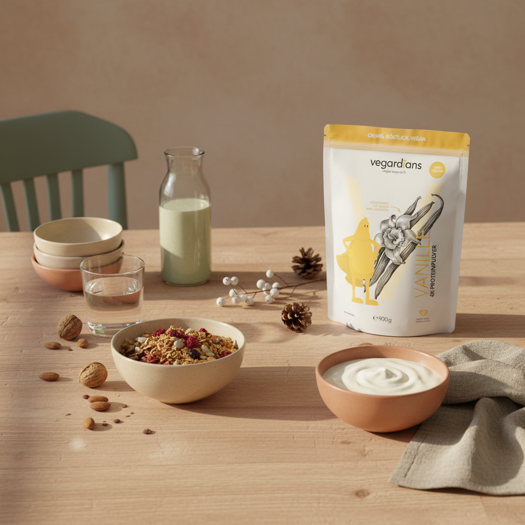 Minimalistisches veganes Frühstück auf Holztisch mit Müsli, Pflanzenjoghurt, Nüssen und Shake sowie Produkt auf dem Tisch – eiweiß zum abnehmen