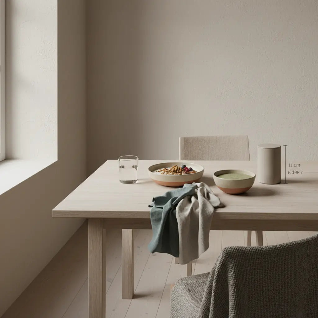 Minimalistisches Frühstück mit Granola, Joghurt, Nüssen, Shake und Wasserglas in einer europäischen Küche — Fokus auf eiweißarme Lebensmittel