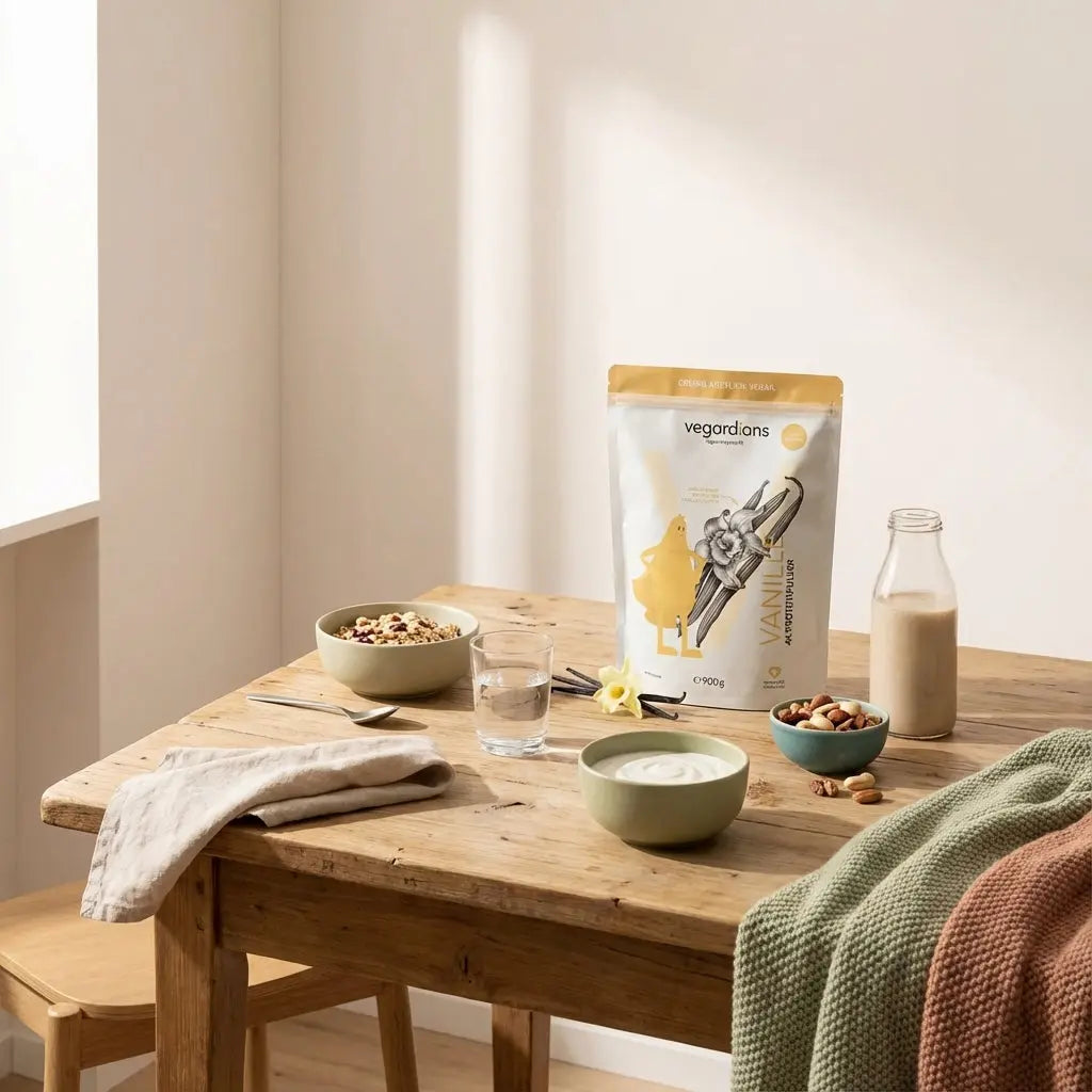 Minimalistisches Frühstück auf nachhaltigem Holztisch mit Müsli, pflanzlichem Joghurt und Shake – Visualisierung zum Eiweißbedarf beim Muskelaufbau