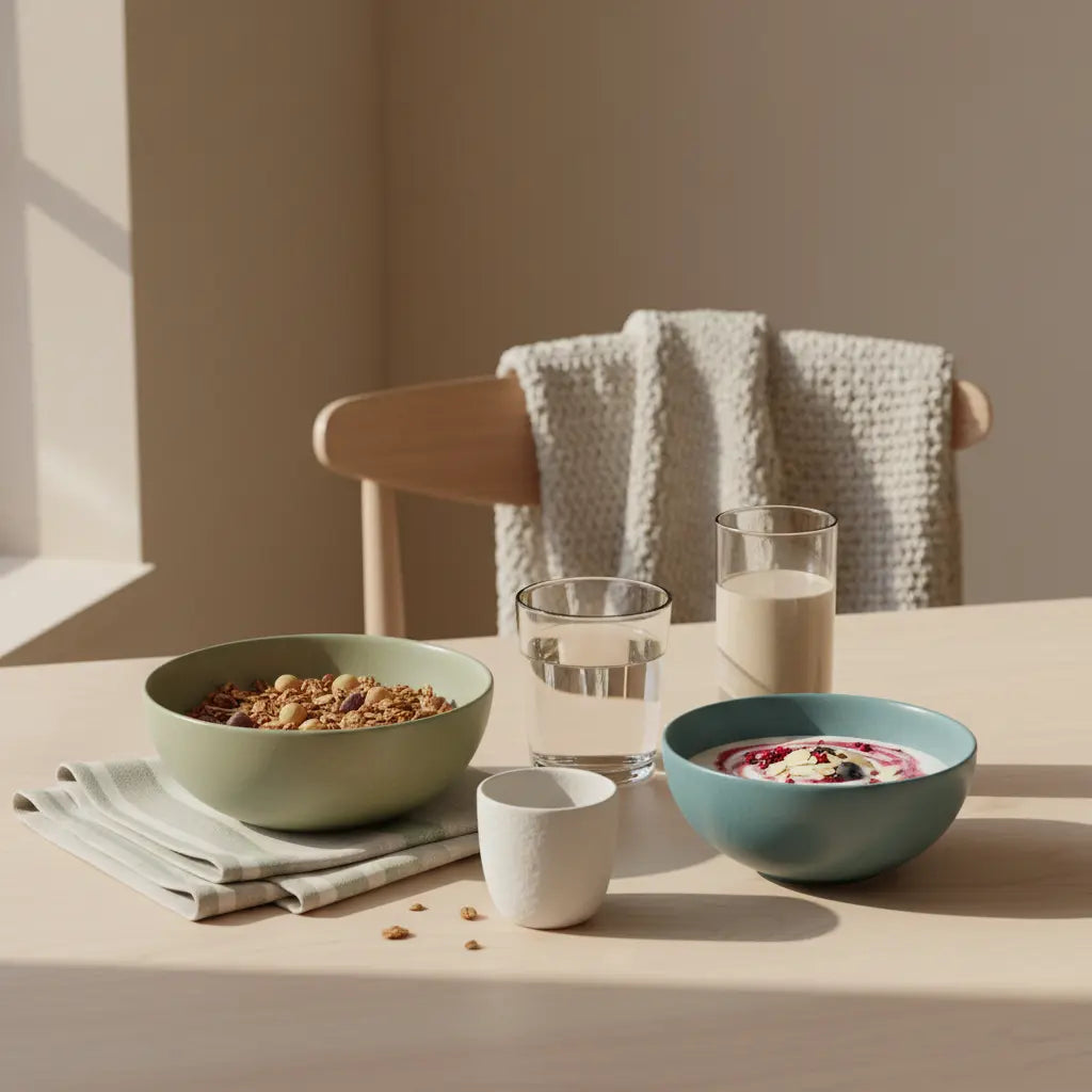Veganer Granola‑Joghurt mit Nüssen und Shake auf nachhaltigem Tisch in europäischer Küche bei Morgenlicht, ruhige Atmosphäre, Fokus: Eiweißgehalt Haferflocken