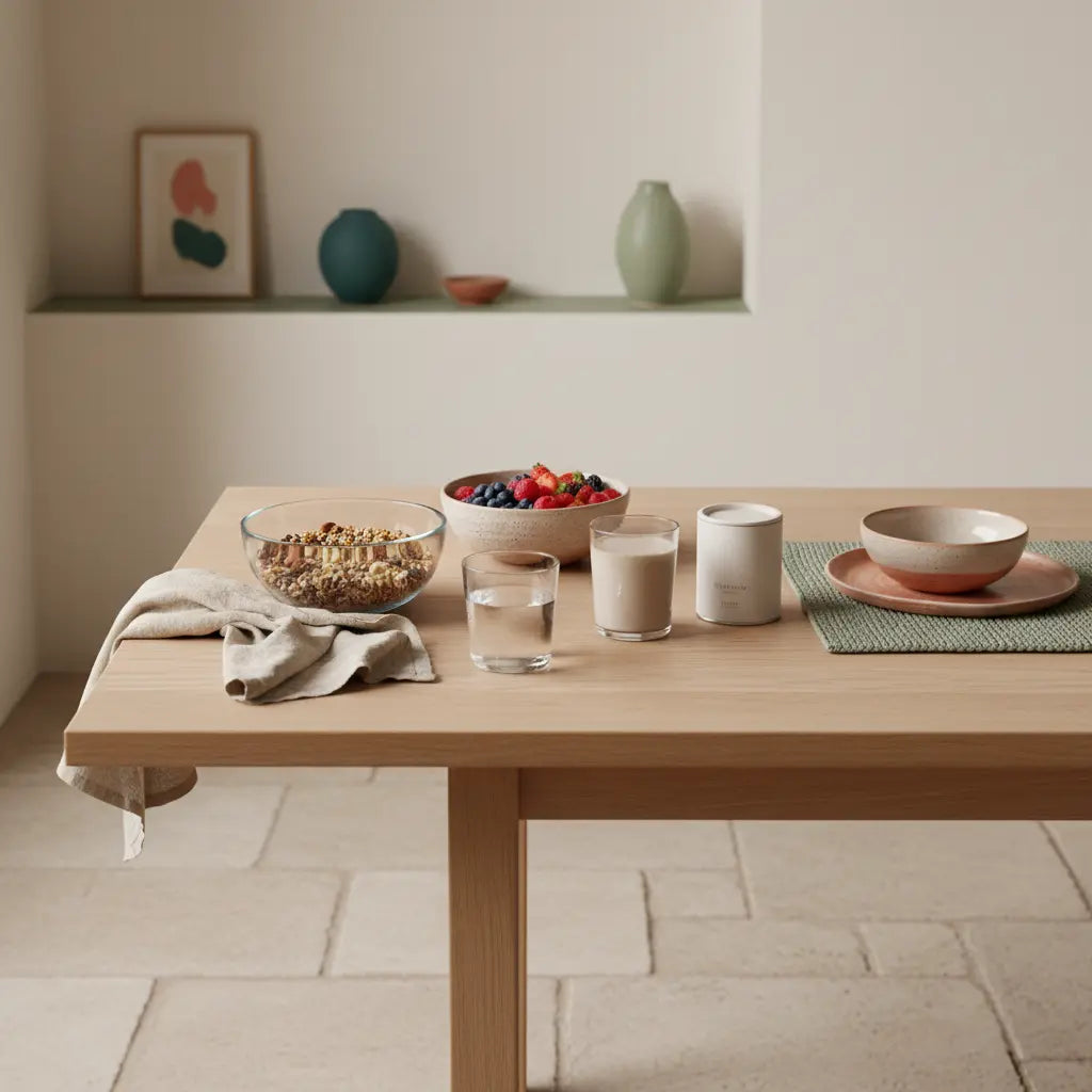 Minimalistische Morgen-Küchenszene mit Eiweißpulver Muskelaufbau, Müsli, Beeren und Shake auf nachhaltigem Holztisch