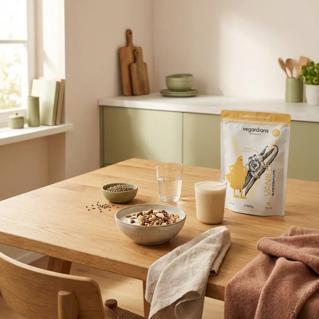 Ruhiges Frühstück mit eiweißreichen Lebensmitteln: Müsli mit pflanzlichem Joghurt, Nüsse, Linsen und Proteinshake auf nachhaltigem Holztisch im warmen Morgenlicht