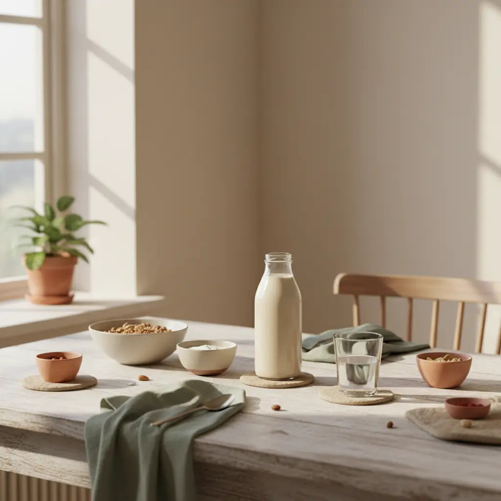 Veganer Frühstückstisch mit Granola, Joghurt, Nüssen, Protein-Shake und eiweißreiches obst in einem minimalistischen, warm-beigen Küchen-Setting.