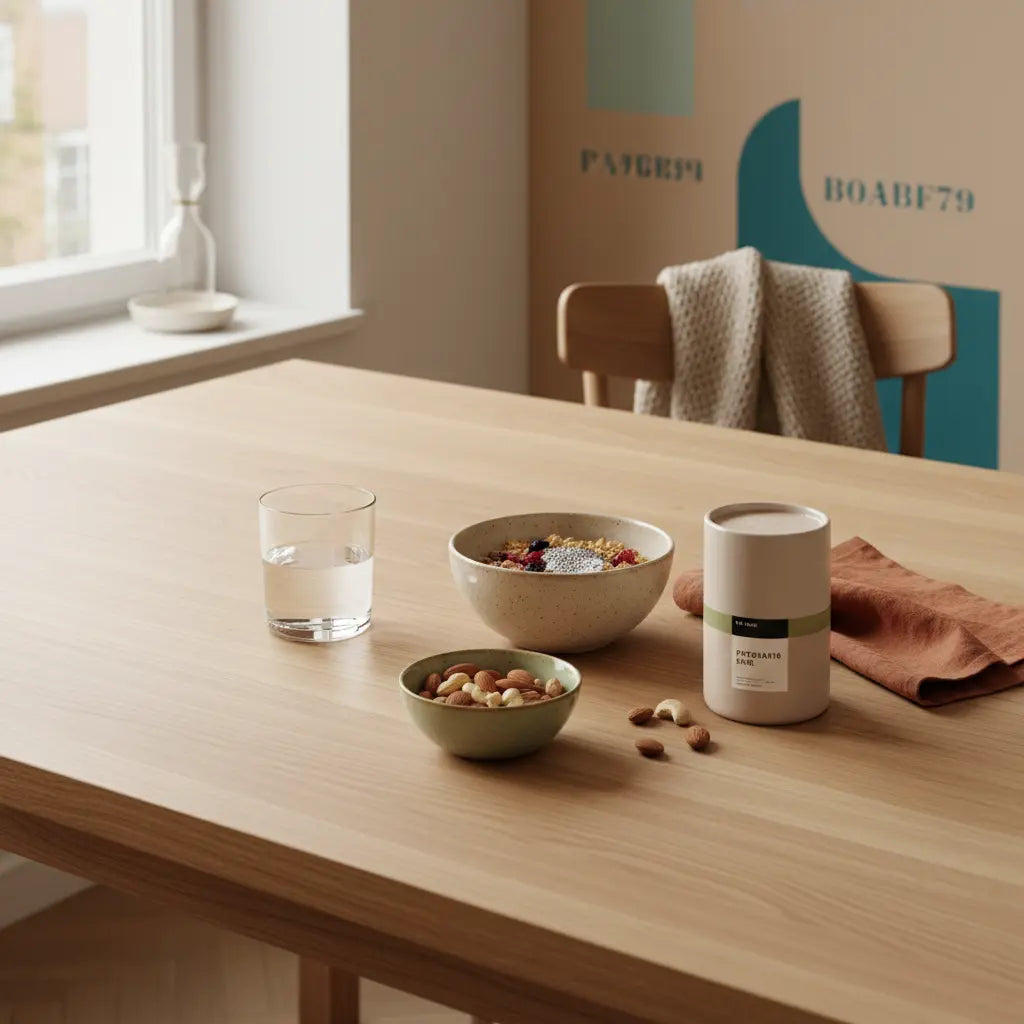 Europäische Küche im Morgenlicht: nachhaltiger Holztisch mit Glas Wasser, veganem Müsli, Nüssen und neutralem Proteinshake – Thema: Eiweißshake abnehmen.