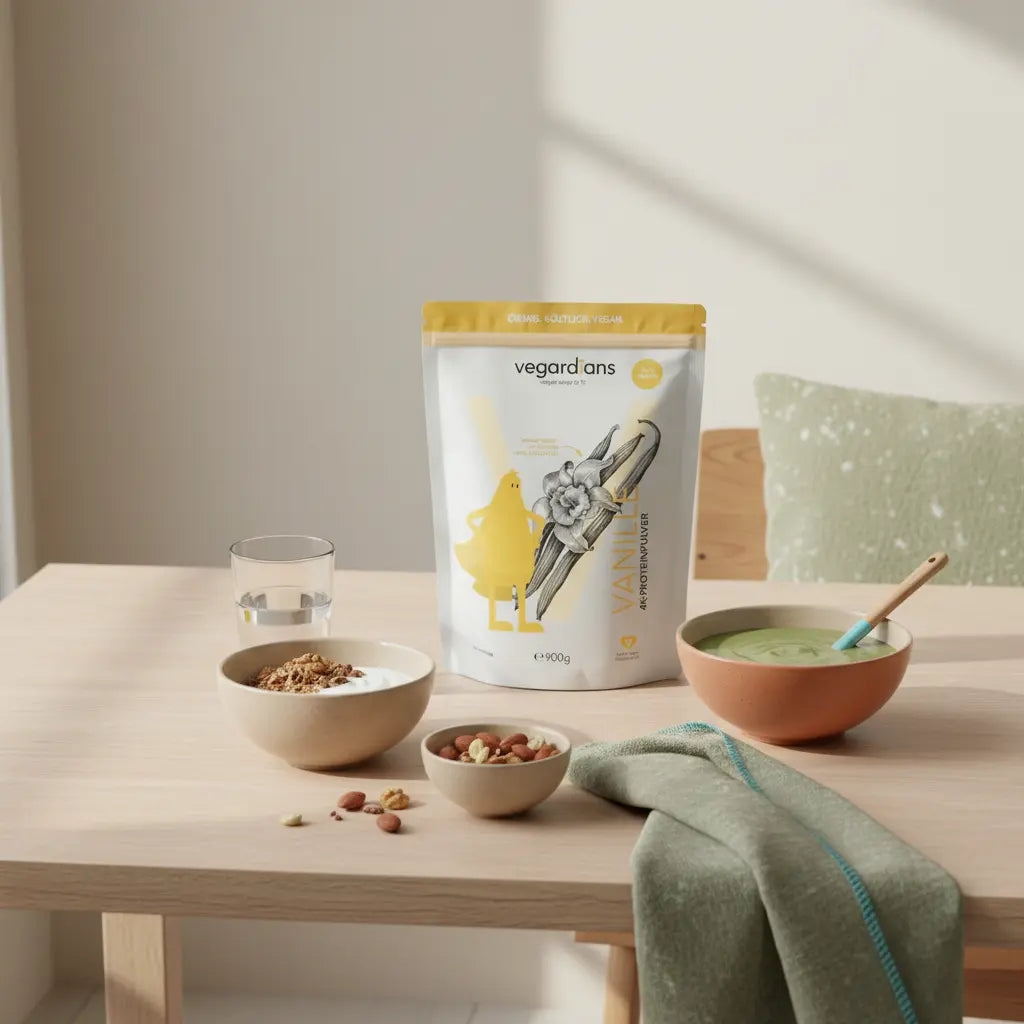 Europäische Küchenszene mit nachhaltigem Holztisch, Glas Wasser, Müsli-Bowl, Nüssen und pflanzlichem Proteinshake (Das Produkt aus den Referenzfotos). Farbwelt Beige, Salbei #B0BF71 und Terrakotta – eiweißshakes abnehmen