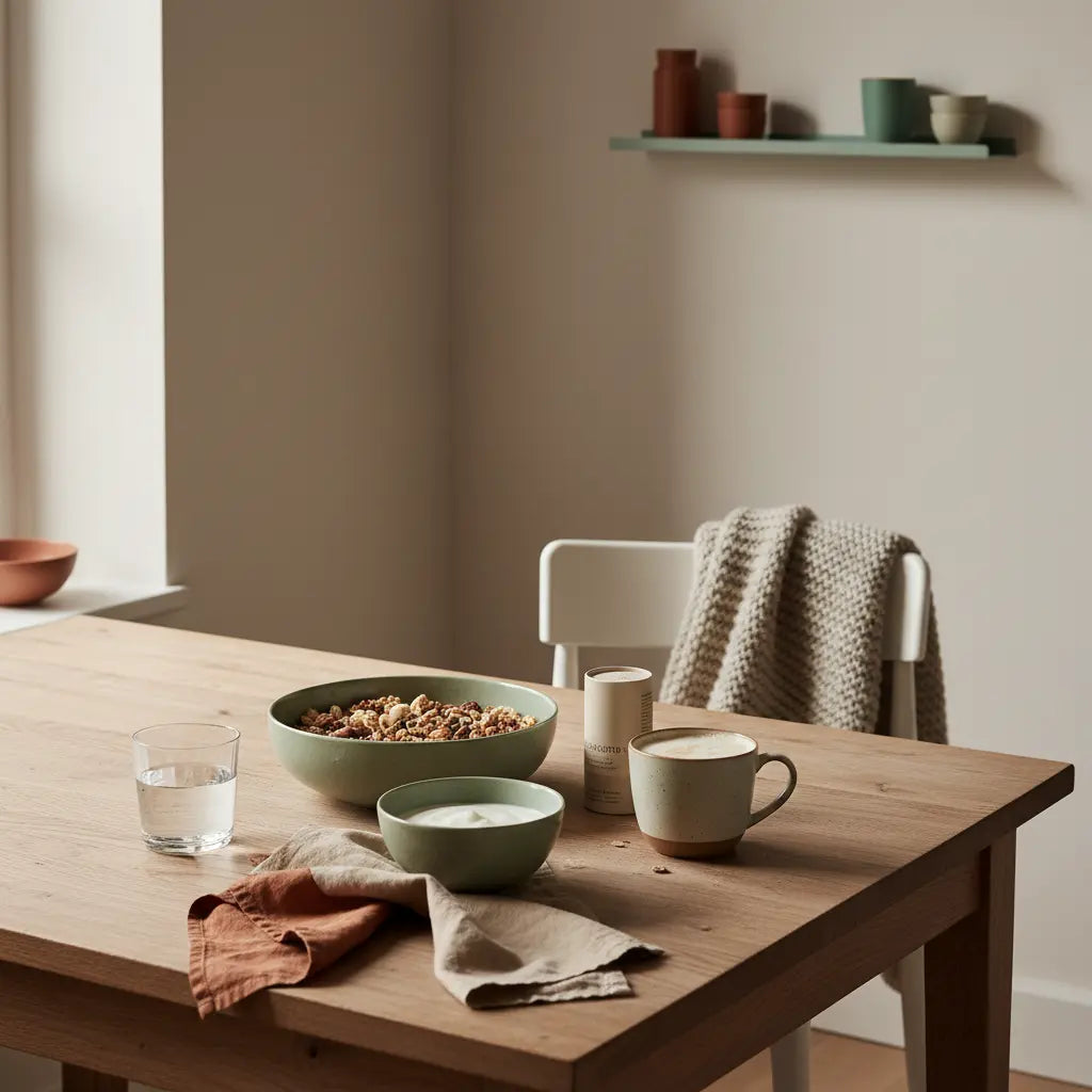 Veganer Frühstückstisch mit Granola, pflanzlichem Joghurt, Nüssen, Shake und Glas Wasser in ruhiger Morgenstimmung für einen Energieschub.