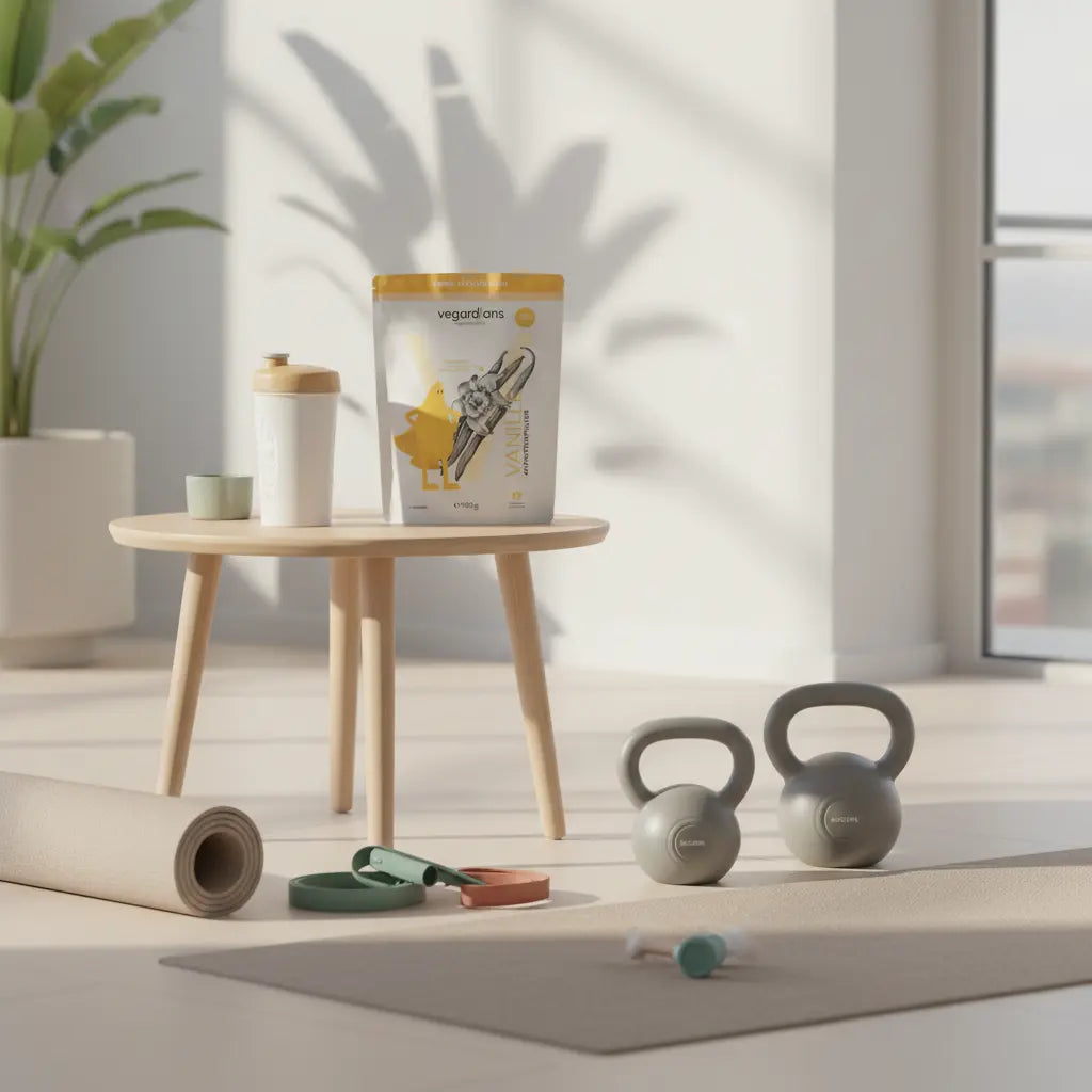 Minimalistische Heimtrainingsszene mit Yogamatte, Kettlebells, Widerstandsbändern und Protein-Shaker – equipment krafttraining zuhause im warmen Morgenlicht