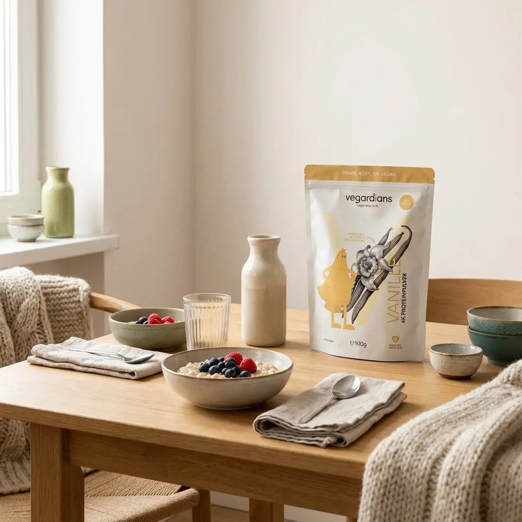 Minimalistische Frühstücksszene mit Porridge, Beeren, Glas Wasser und Proteinshake auf nachhaltigem Holztisch – Ernährung für flachen Bauch