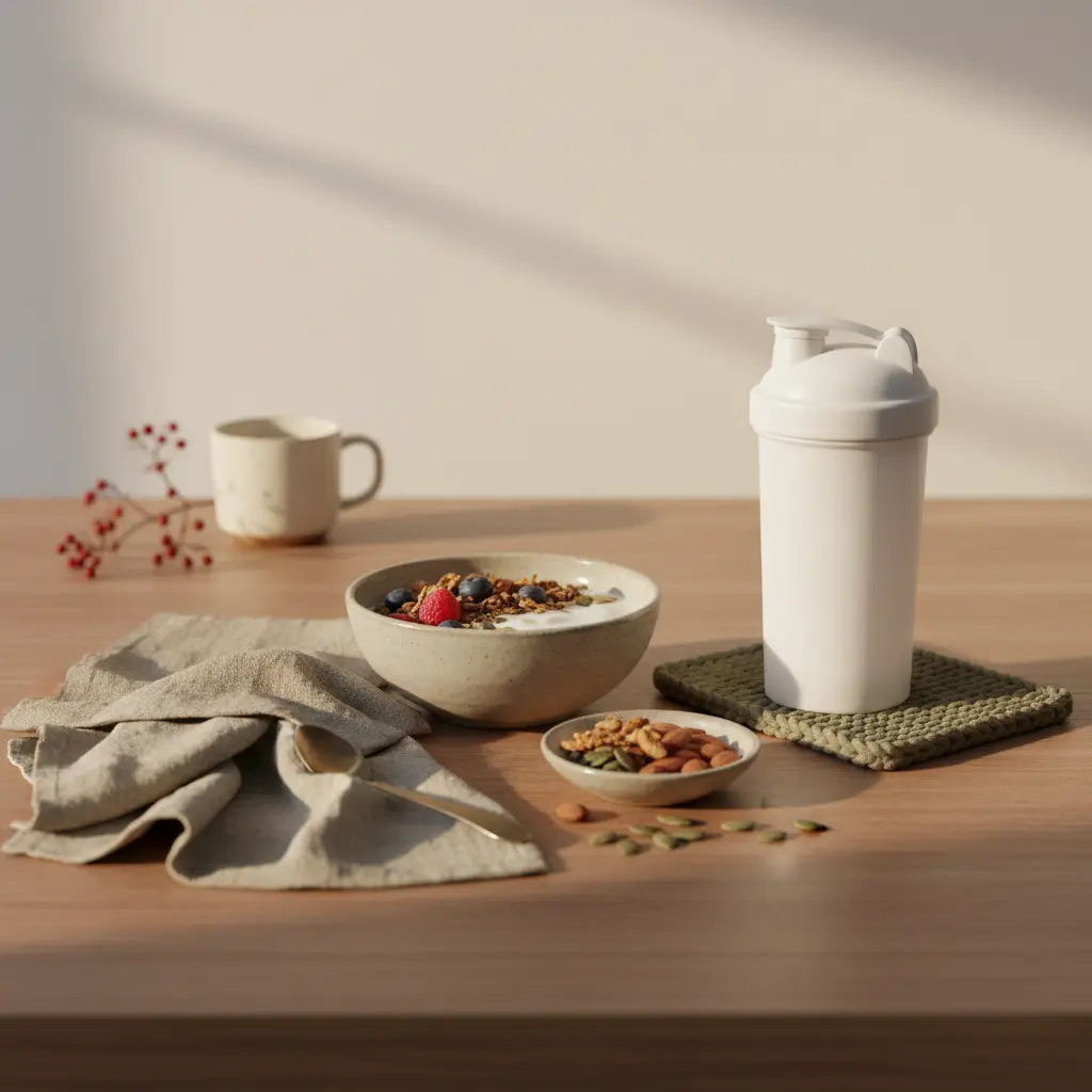 Minimalistische Morgenszene mit nachhaltigem Holztisch, Müsli, Pflanzenjoghurt, Nüssen und Proteinshake (Produkt aus Referenzfotos) – Ernährung für Sportler im Fokus.