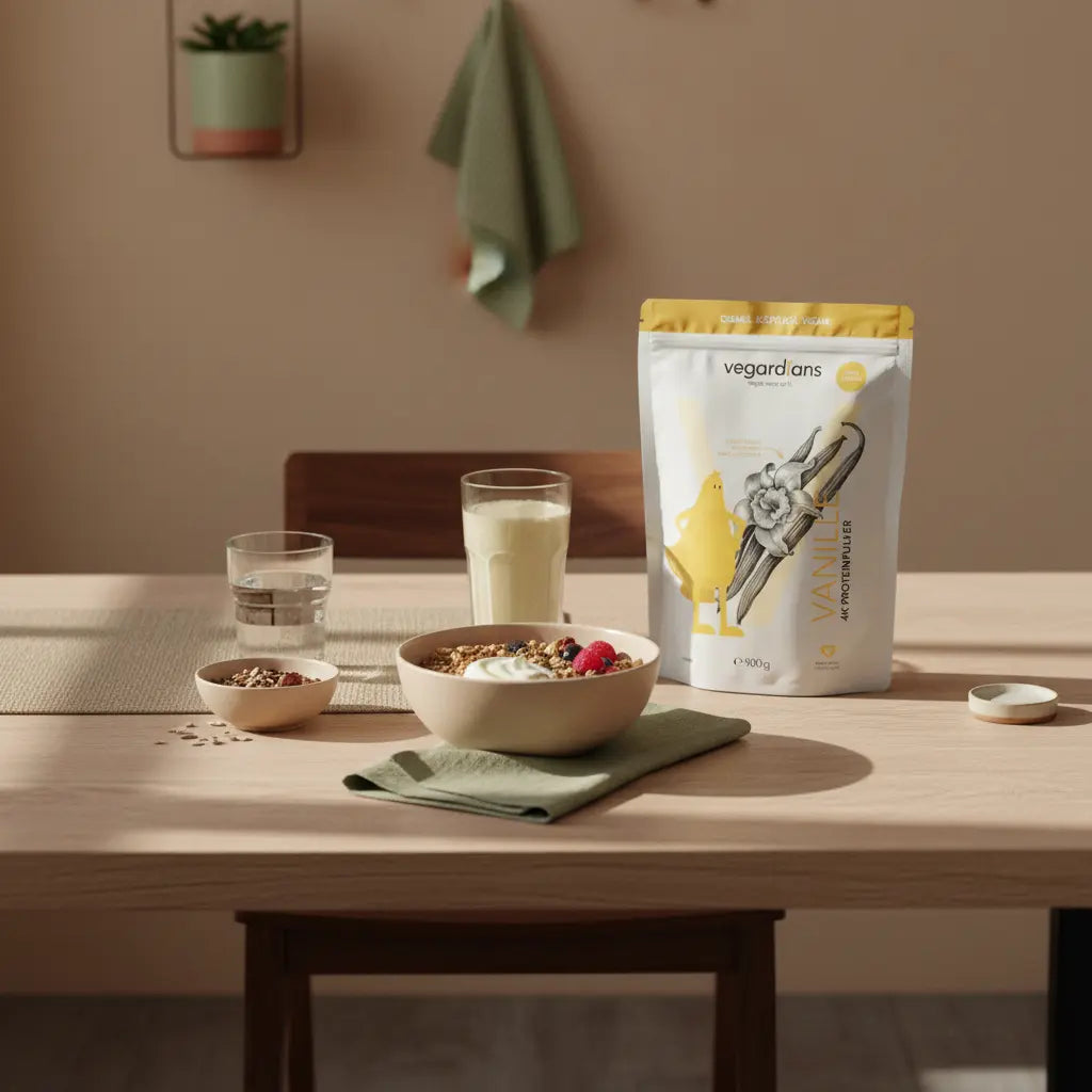 Minimalistische Frühstücksszene mit Müsli, Nüssen, veganem Shake und Glas Wasser auf nachhaltigem Holztisch im sanften Morgenlicht – Ernährung in den Wechseljahren.