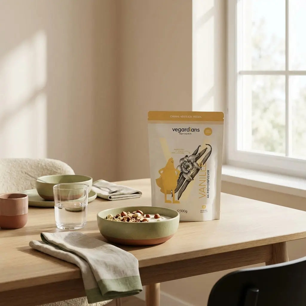 Minimalistischer Frühstückstisch mit Müsli, pflanzlichem Joghurt und Wasserglas in sanftem Morgenlicht — ernährung vor dem training abnehmen