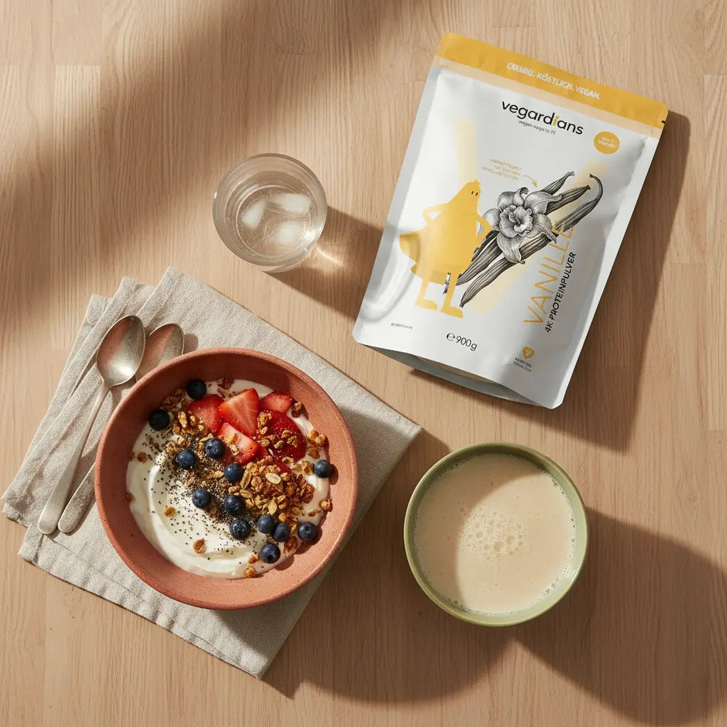 Ernährungsberater beim Abnehmen: Minimalistische Morgenküche mit nachhaltigem Holztisch, veganer Bowl, Glas Wasser und Proteinshake in ruhiger, nährender Atmosphäre