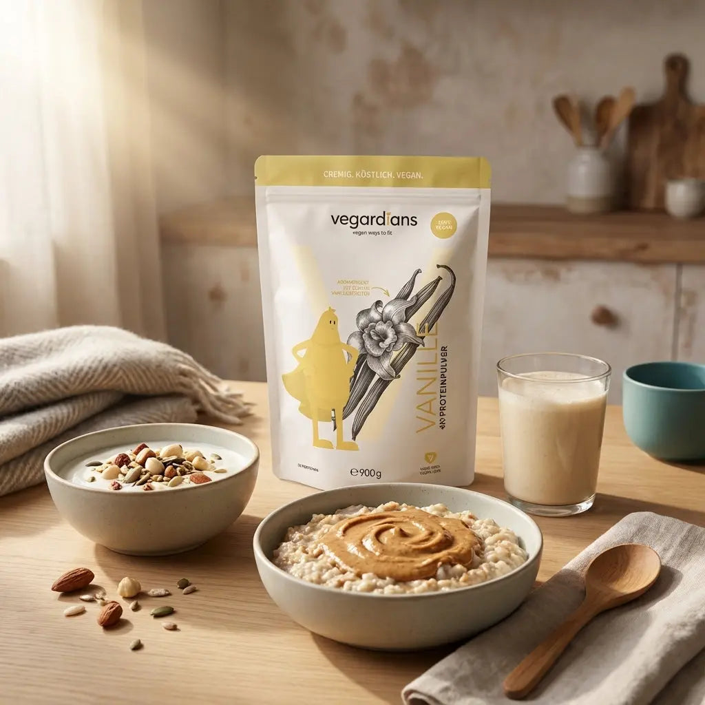Ernährungsplan Gewichtszunahme: veganes, kaloriendichtes Frühstück mit Porridge, Nussbutter, Joghurt‑Alternative, Nüssen, Samen und Shake auf minimalistisch gedecktem Tisch.