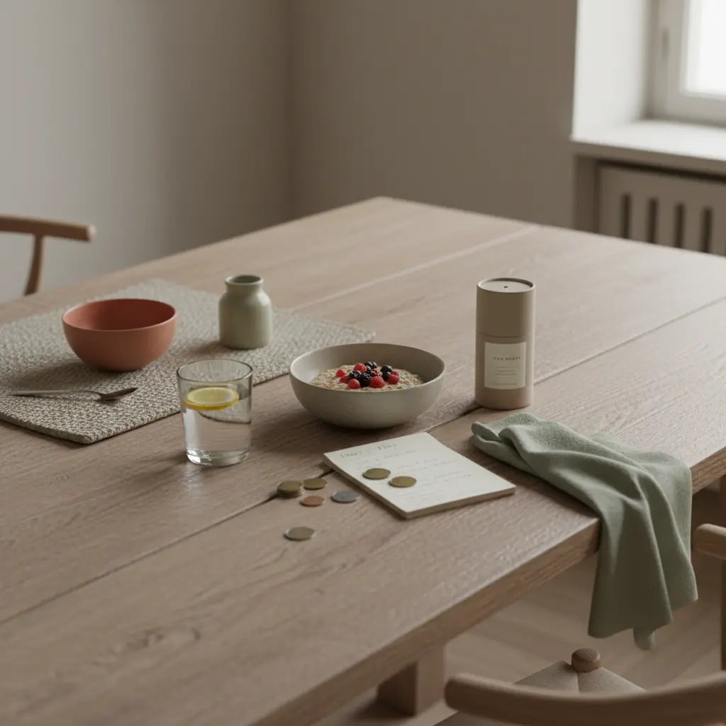 Minimalistische Morgenszene in europäischer Küche mit veganer Müslischale, Shake und Produkt aus Referenzfotos – Ernährungsplan Kosten thematisiert