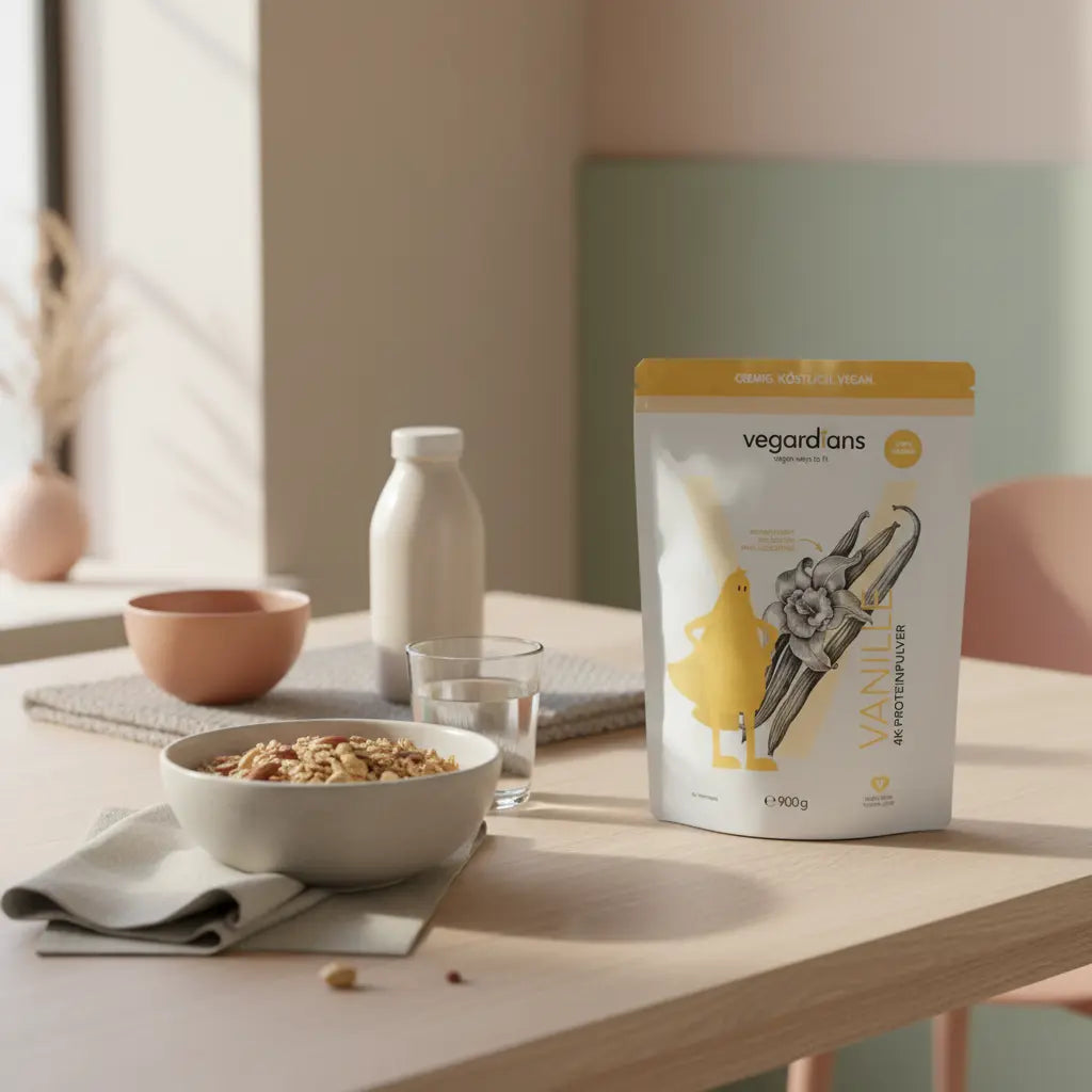 Minimalistische Küchenaufnahme mit Holztisch, Keramikschale mit Hafer‑Müsli, Glas Wasser und neutralem Proteinshake in Flasche – ruhige Morgenstimmung für Ernährungsplan