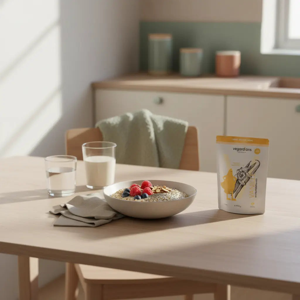 Minimalistische Morgenaufnahme: veganes Müsli mit Beeren, Nüssen und pflanzlichem Shake auf nachhaltigem Holztisch – ernährungsplan zum abnehmen für frauen