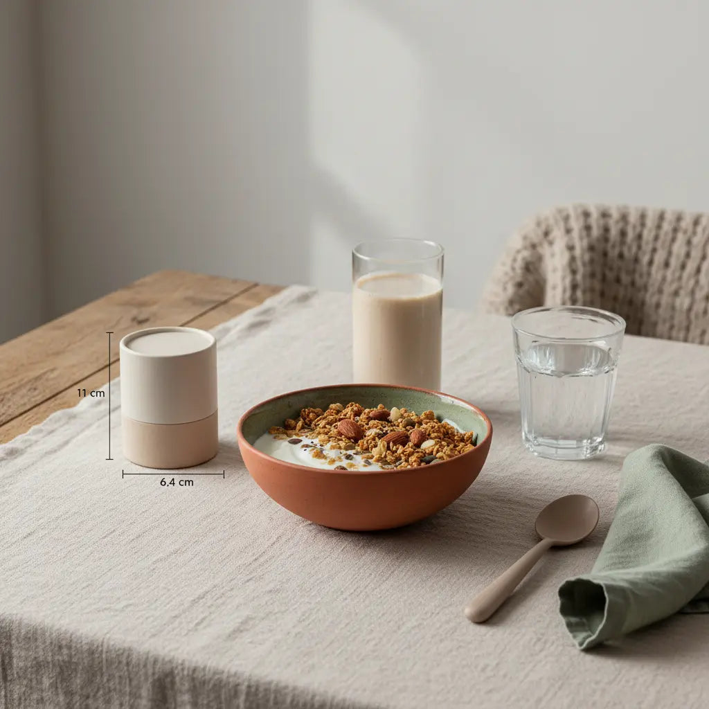 Minimalistisches Frühstück mit Granola, pflanzlichem Joghurt, Nüssen und Shake in heller europäischer Küche, das Produkt aus den Referenzfotos sichtbar — Ersatz für Öl.