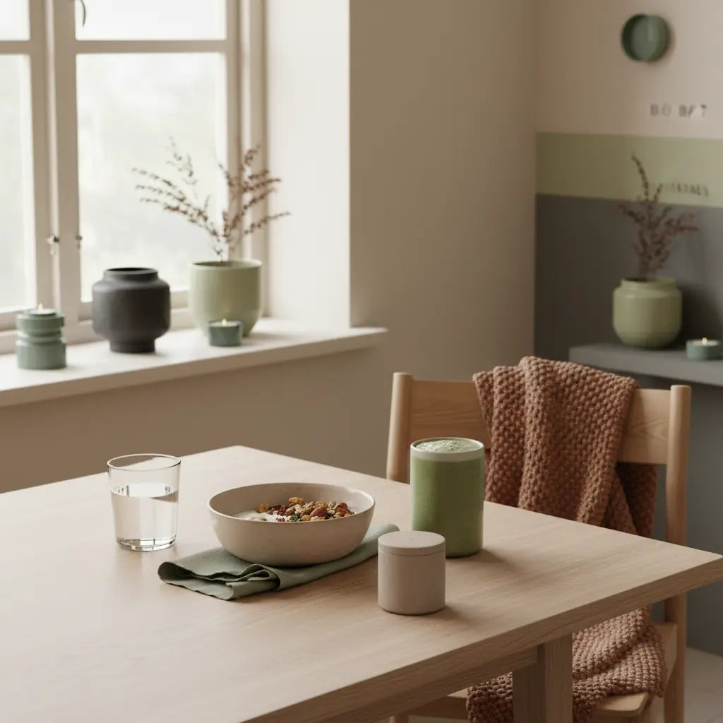 Minimalistische Morgenküche mit veganem Frühstück (Müsli, Joghurt, Nüsse, Shake) auf nachhaltigem Tisch, dezente Woll- und Leinenakzente, stimmig für extrem schnell Fett verlieren