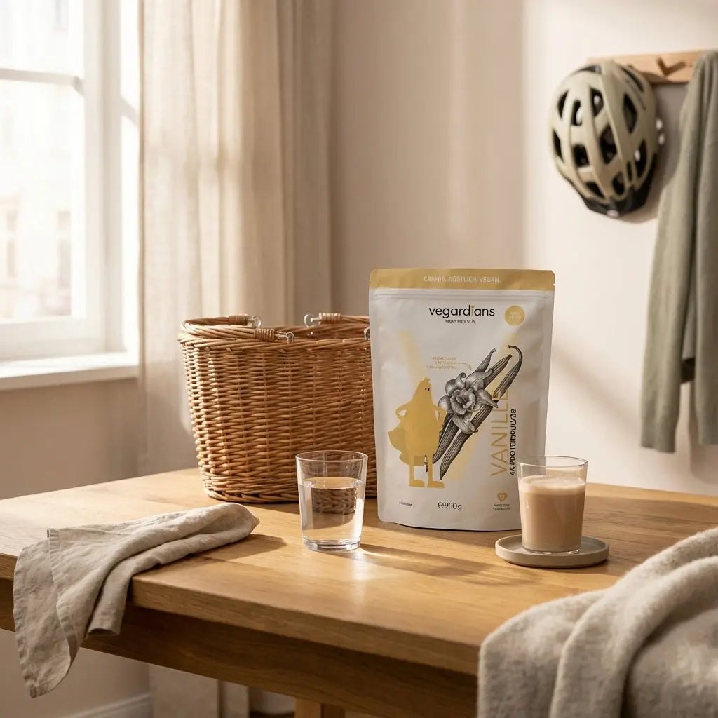 Ruhige Morgenaufnahme: Fahrradkorb auf Holztisch mit Glas Wasser und Proteinshake, unscharfer Fahrradhelm im Hintergrund — Fahrradtraining 3x pro Woche