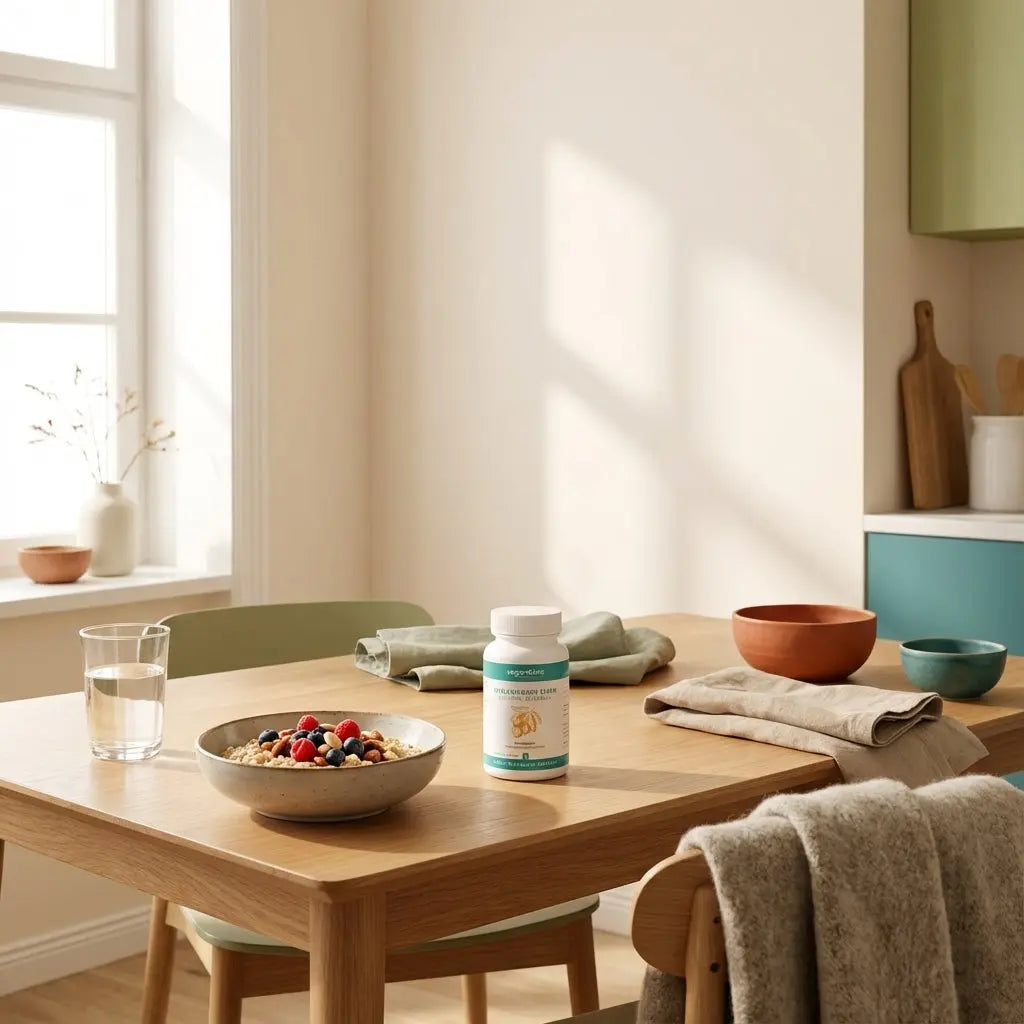 Minimalistische Morgen-Küchenszene mit nachhaltigem Holztisch, veganer Hafer-Schüssel, Wasserglas und Leinenakzenten — fehlende Motivation Ursachen