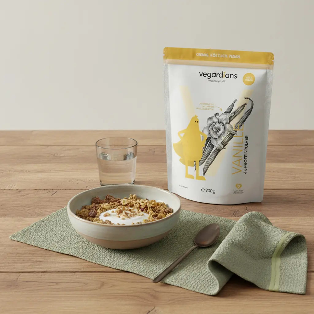 Minimalistische europäische Küchenszene mit veganer Protein‑Frühstücksschüssel, Glas Wasser und geschlossenem Produktbehälter – Ernährung beim Fett an den Armen verlieren.