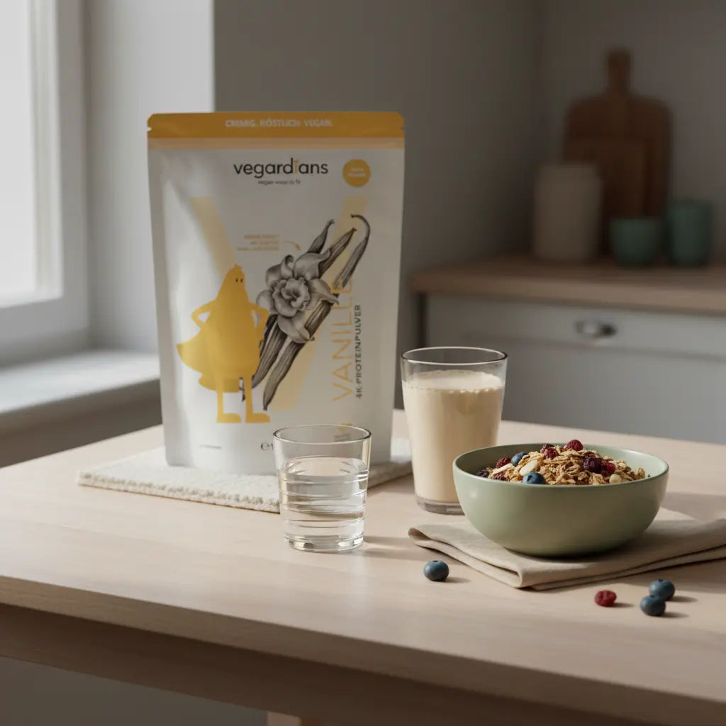 Minimalistische Morgenküche mit Müsli, Proteinshake und Wasserglas auf nachhaltigem Tisch – bewusstes Frühstück zum Fett an den Beinen abnehmen