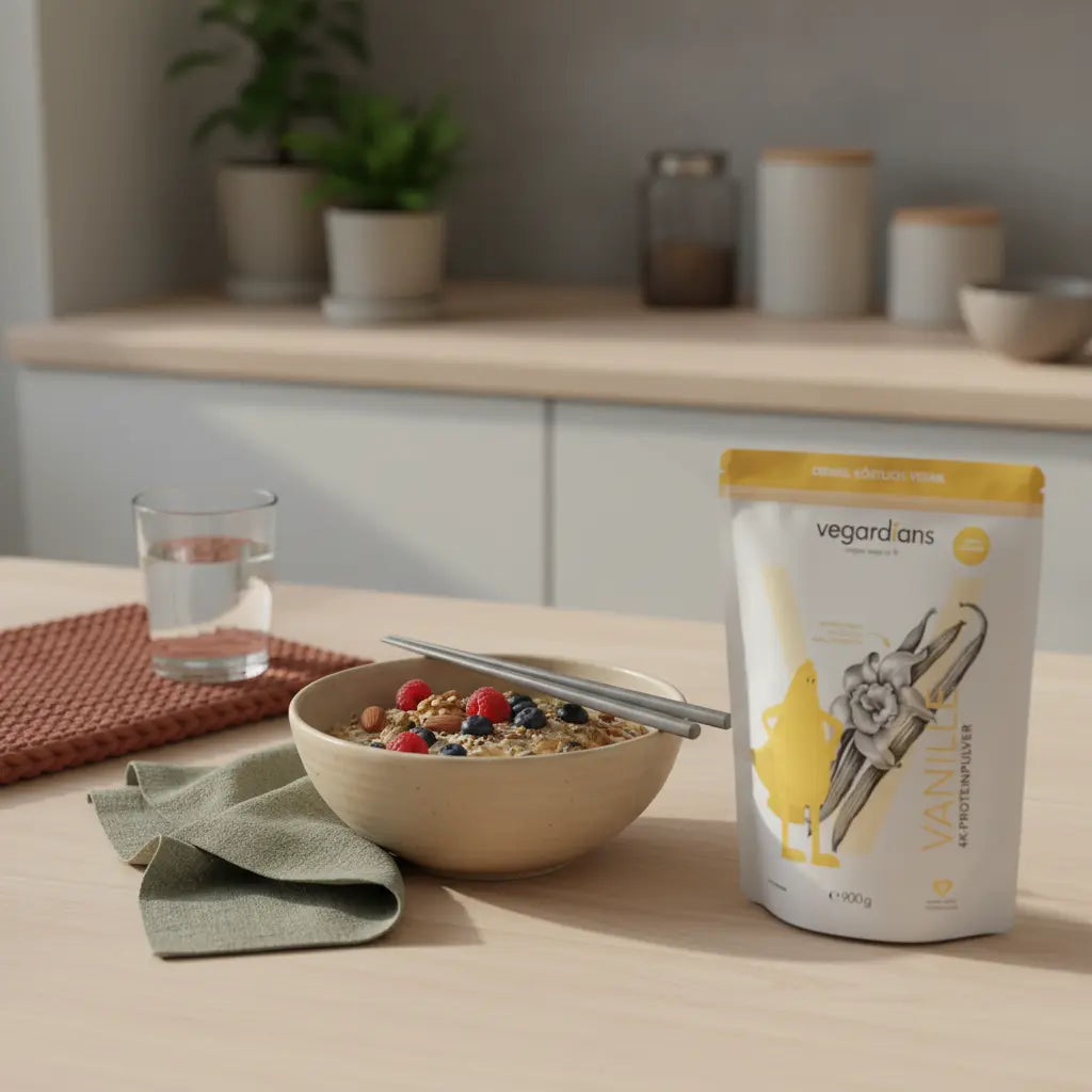 Vegane proteinreiche Frühstücksbowl auf nachhaltigem Holztisch im Morgenlicht – nahrhaftes Frühstück für Tipps zum Fett an den Beinen verlieren