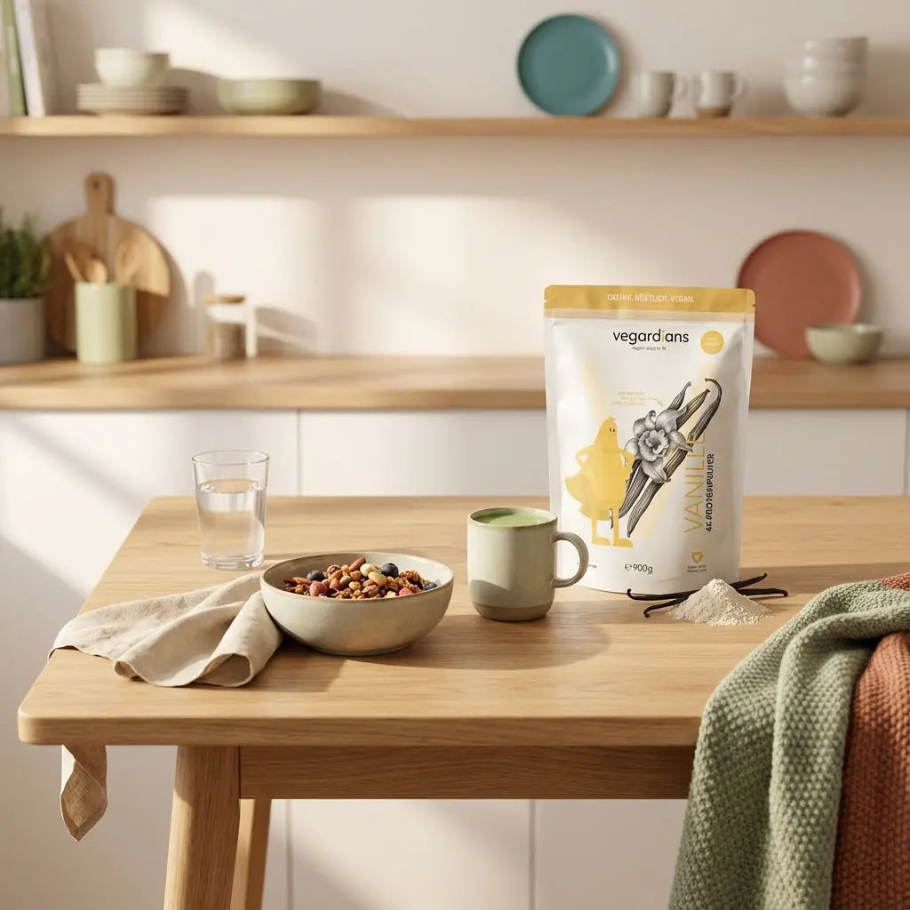 Vegardians-Produkt auf nachhaltigem Holztisch mit veganem Müsli, Erbsenprotein-Shake, Nüssen und Glas Wasser im sanften Morgenlicht zur Unterstützung von fettabbau