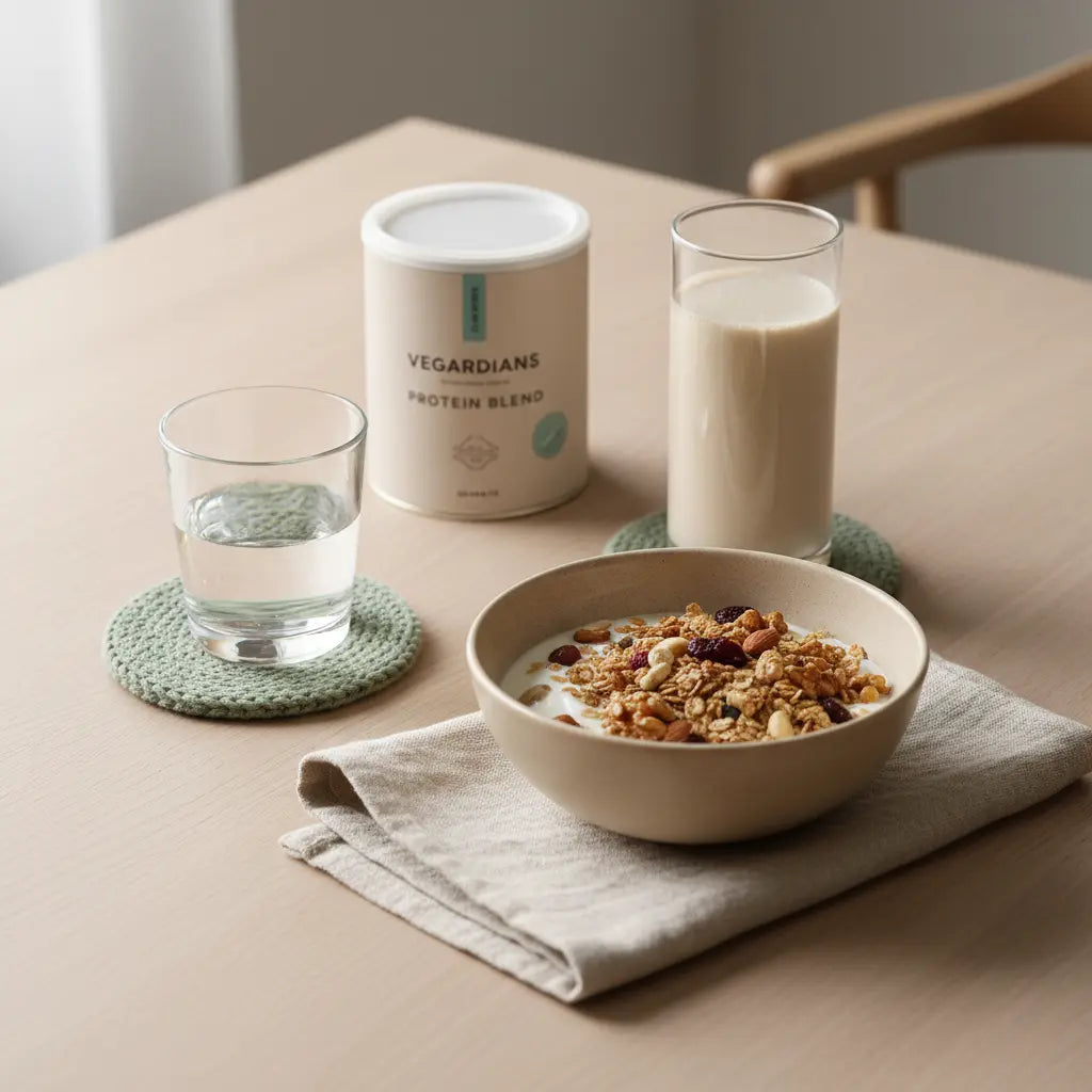 Minimalistisches Frühstück mit pflanzlichem Joghurt, Müsli, Nüssen und Shake auf nachhaltigem Holztisch im Morgenlicht – nährend für den fettstoffwechsel.