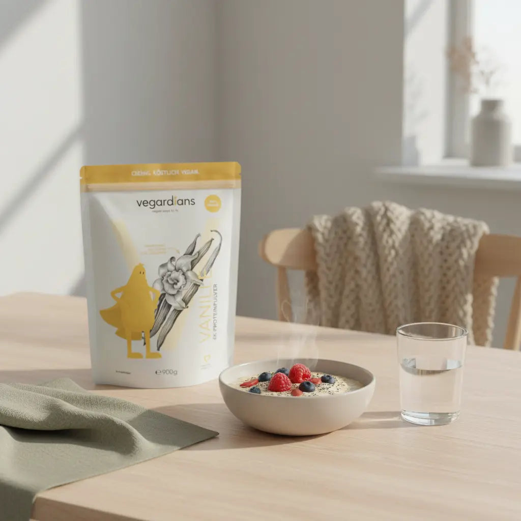 Minimalistisches Frühstück auf nachhaltigem Holztisch mit Haferflocken, Beeren, Glas Wasser und Vegardians-Shaker (das Produkt aus den Referenzfotos) – fettverbrennende lebensmittel