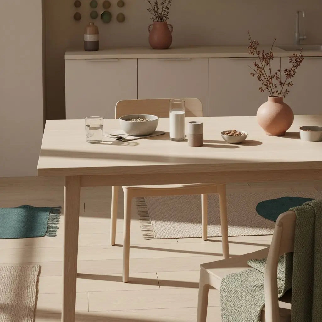 Minimalistisches Frühstück mit Glas Wasser, Müsli, Nüssen, proteinreichem Shake und dem Produkt aus den Referenzfotos auf nachhaltigem Tisch – fettverbrenner wirkung