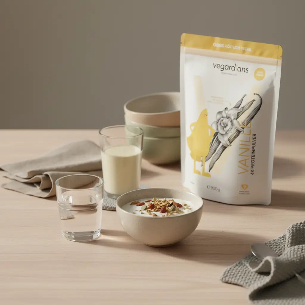 Minimalistische europäische Küche im Morgenlicht mit nachhaltigem Holztisch, Glas Wasser, Schale Müsli und veganem Shake – fettverbrennung beim heilfasten