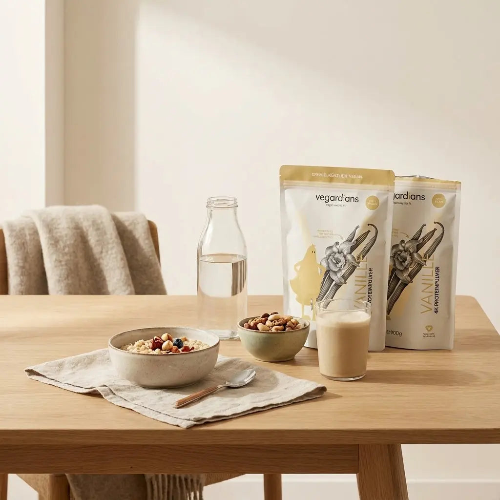 Stillleben einer europäischen Küche mit Haferflocken, Wasserflasche, Nüssen und pflanzlichem Protein‑Shake bei Morgenlicht; salbei- und terrakotta-akzente – Fettverbrennung beim Sport