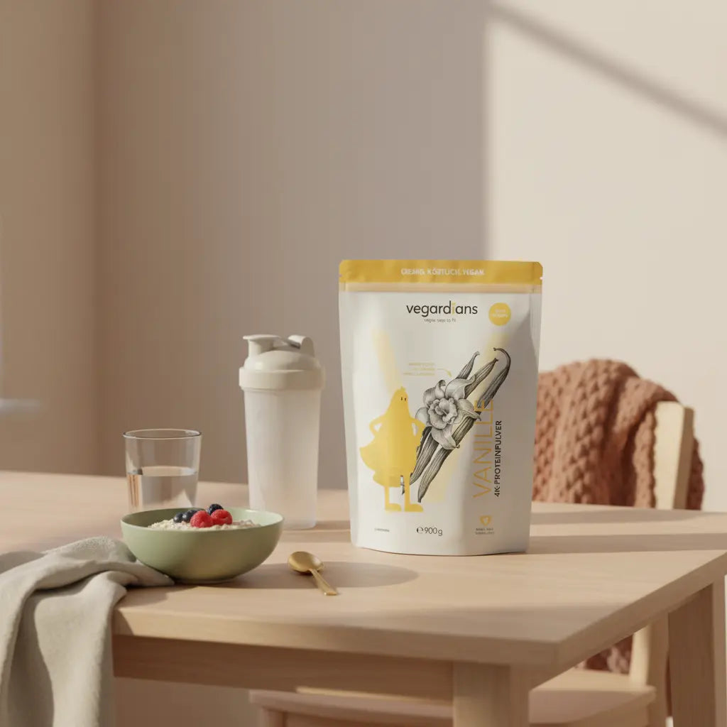 Minimalistische Küchenszene mit Overnight‑Porridge, Beeren, Glas Wasser und neutralem Proteinshake auf Holztisch in warmen Beige-, Salbei- und Terrakotta-Tönen; Fokus Fettverbrennung.