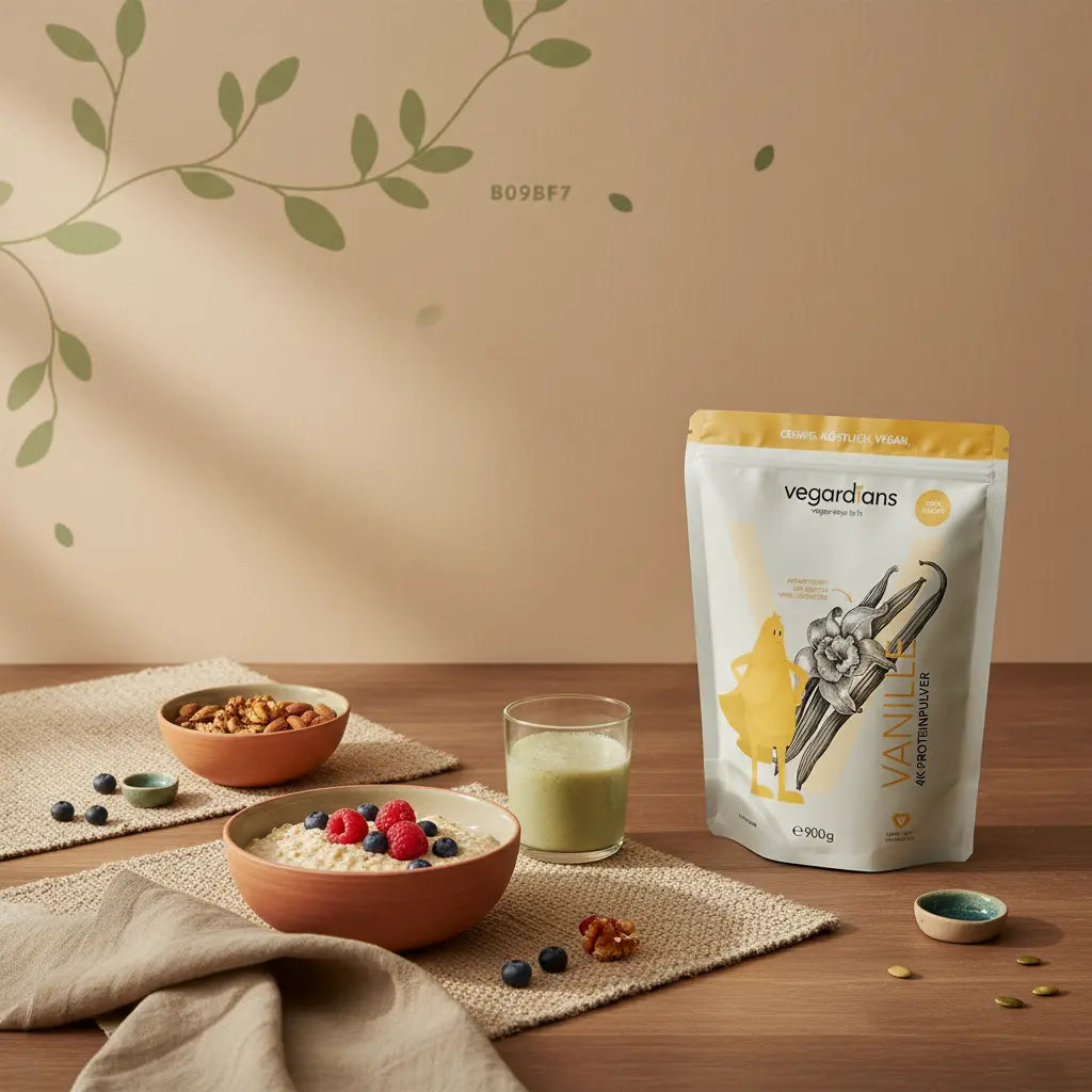 Nord‑europäische Küchenaufnahme am Morgen mit veganem Haferbrei, Nüssen, Beeren und Proteindrink auf nachhaltigem Holztisch – fitness ernährung, ruhige, natürliche Farbwelt.