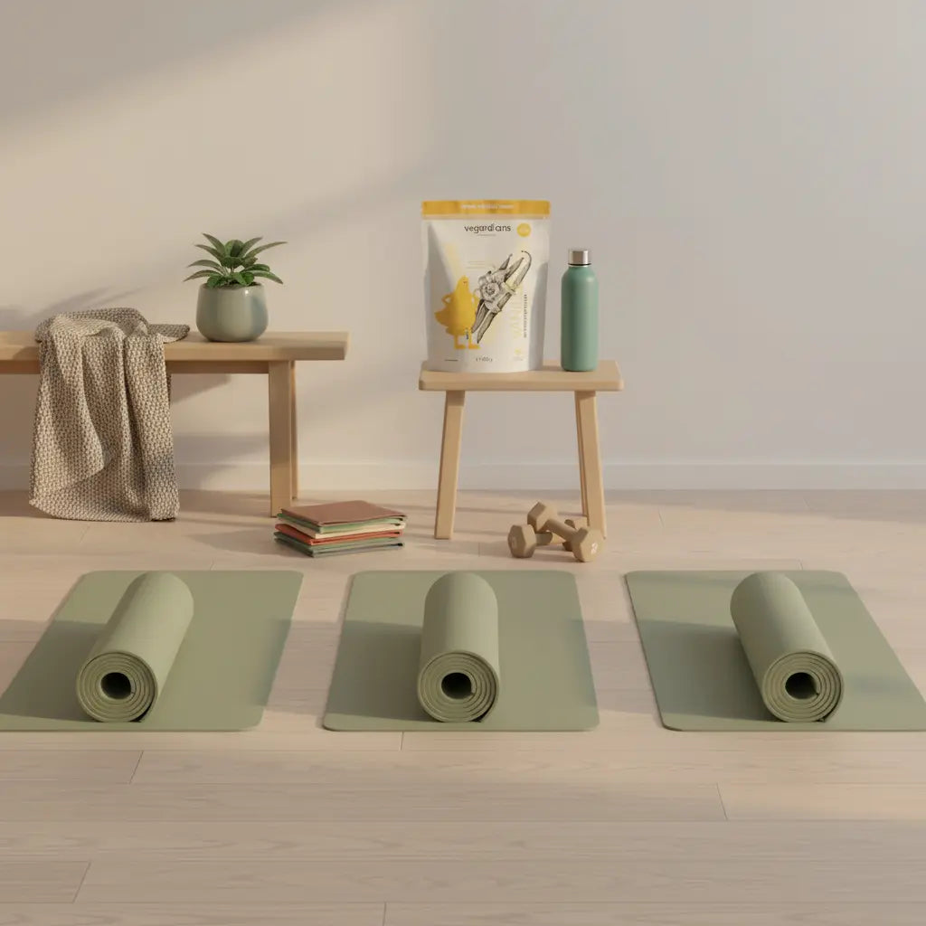 Minimalistische Gym‑Szene im Morgenlicht mit sauber aufgereihten Matten, leichten Hanteln, Widerstandsbändern und Trinkflasche auf Holztisch – fitness für 13‑jährige