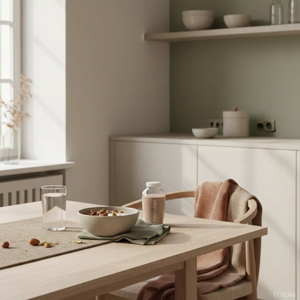 Minimalistischer Vegardians-Frühstückstisch mit Granola, pflanzlichem Joghurt, Nüssen und Shake im sanften Morgenlicht — ruhige, nährende fitness-motto-Szene.