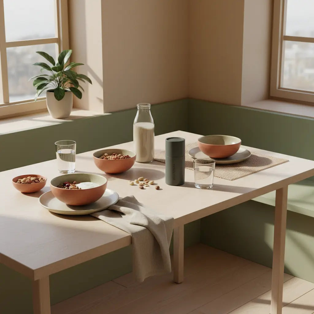 Minimalistisches Frühstück mit Granola, pflanzlichem Joghurt, Nüssen und Shake auf nachhaltigem Tisch im weichen Morgenlicht, Vegardians-Farben — Fitness steigern.