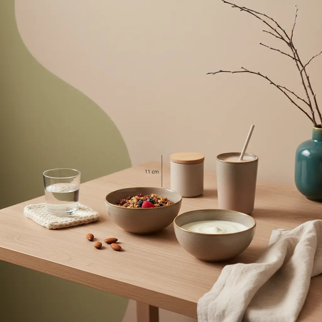 Minimalistisches Morgenfrühstück in europäischer Küche mit veganer Granola, Joghurt, Nüssen und Shake, nachhaltiges Tisch-Setting, langsames Licht — fitness zitate