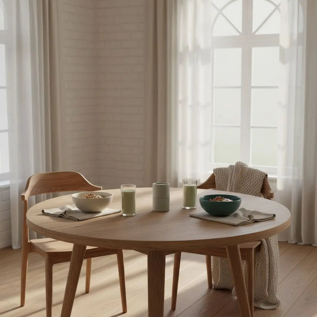 Minimalistisches Frühstück in einer europäischen Küche mit Granola, Joghurt, Nüssen und Shake auf nachhaltigem Tisch – ruhige, nährende Morgenstimmung; Fitnessgeräte für Zuhause