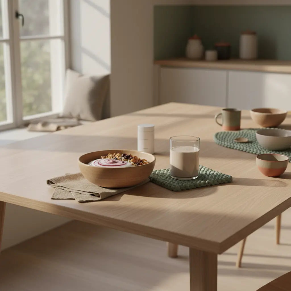 Veganer Morgenfrühstückstisch mit Granola, pflanzlichem Joghurt, Nüssen und Proteinshake in ruhiger, minimaler Szene – ideal bei Fitnessstudio 3x pro Woche