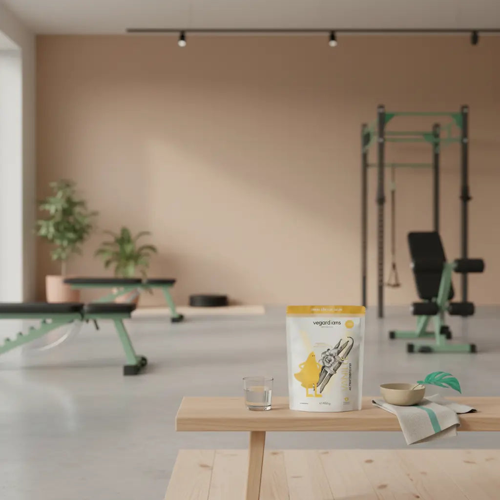 Leeres, hochwertiges Fitnessstudio in sanftem Morgenlicht mit Holzbank, Glas Wasser und geschlossenem Vegardians‑Protein‑Becher – Fokus auf Fitnessstudio Kosten pro Monat.
