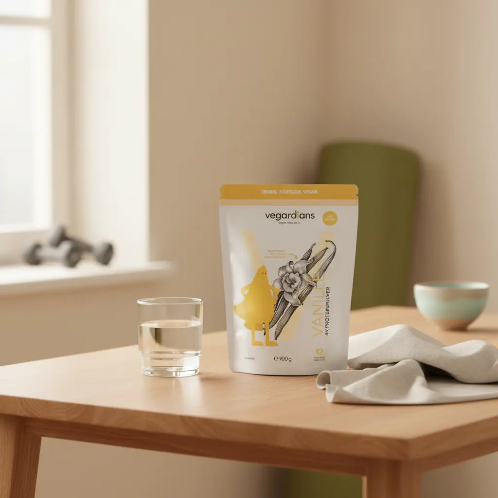 Holztisch mit Glas, Stoffhandtuch und geschlossenem Protein‑Pudding‑Becher (Referenzprodukt); unscharfe Yogamatte, Hanteln im Hintergrund. Fitnessstudio Kosten pro Monat